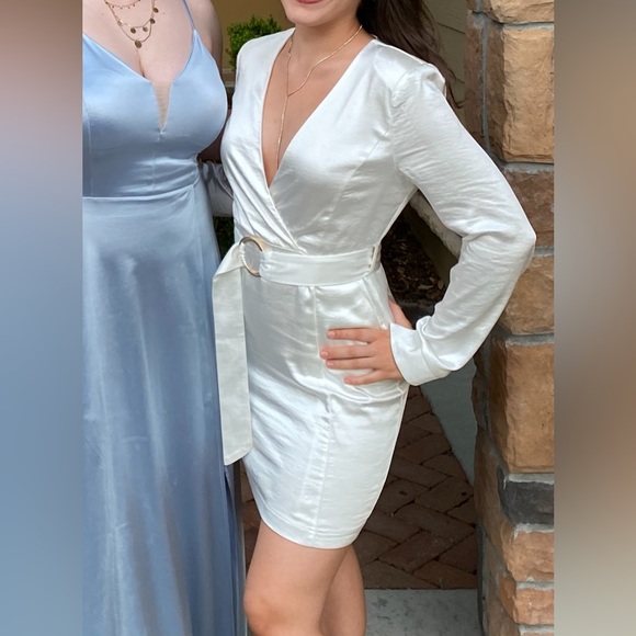 Lulu's White Satin Belted Long-Sleeve Dress - Picture 5 of 5